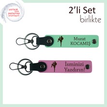 Kız Kardeşe Tekvando Desenli Armağan, Kişisel Yazı Eklenebilir Deri Anahtarlık Set, Açık Yeşil-Pembe