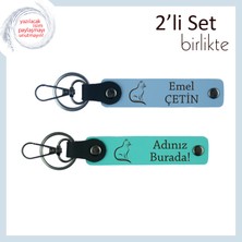 Kedili Takılara Uyumlu, Patili Temalı, Isme Özel Deri Anahtarlık, Gök Mavi-Turkuaz