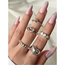 Kadın Gümüş Renk 5 Li Kalp Model Yüzük Seti