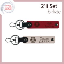 Kaplan Temalı Minimalist Hediye Tasarımı, Isme Yazılabilir Deri 2’li Set, Kırmızı-Pudra