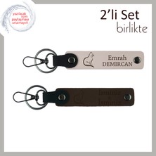 Tatlı Miyavlara Kalıcı Anı, Kedili Figürlü, Kişisel Anahtarlık Seti, Pudra-Koyu Kahve