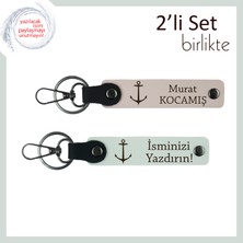 Deniz Sevene Özel Temalı Kişisel Isimli Anahtarlık, Çıpa Motifli Hediye Seti, Pudra-Beyaz