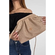 Class Bag Kadın Vizon Hasır Görünümlü El ve Omuz Askılı Clutch Çanta