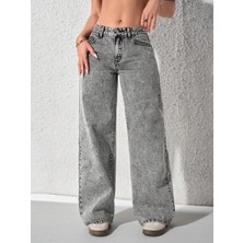 Kadın Baggy Fit Denim Jean Yıkamalı Pantolon