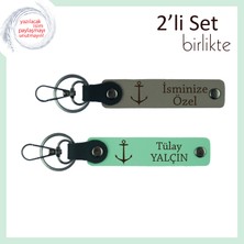 Tekne Motifli Kalıcı Hatıra, Isme Özel Yazılabilir Hediyelik Anahtarlık Deri Set, Kül Gri-Açık Yeşil