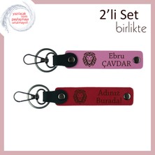 Aslan Desenli Doğum Günü Hediyesi, Isme Yazılabilir Deri Anahtarlık Takımı, Pembe-Kırmızı