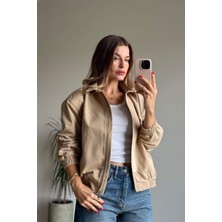 Bej Beli Lastikli Fermuarlı Astarlı Su Geçirmez Bomber Ceket