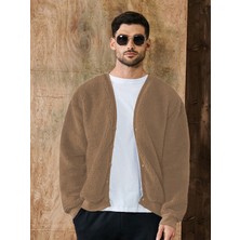 Camel V Yaka Düğmeli Peluş Hırka