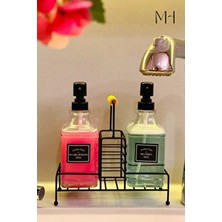 Modern Cam Ikili Sıvı Sabunluk & Deterjanlık SETI-450 ml Cam Sabunluk, Metal Stand'lı, Ahşap Kulplu