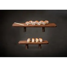 Rabo Craft Büyük Boy Ahşap Sunum Tabağı 2 Li Silindir Ayak 47 x 17 cm Kahverengi Dikdörtgen Tasarım