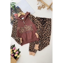 Miniğimin Cicileri Leopard Kapüşonlu Kız Çocuk Leopar Eşofman takım - Kahverengi