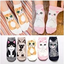 5'li Sevimli Kedi Desenli Patik Çorap
