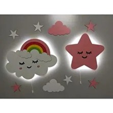Çocuk Odası Dekoratif Ahşap Gökkuşağı Bulut Sevimli Yıldız Gece Lambası Ledli Aydınlatma