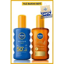 Sun SPF50 Güneş Koruyucu Sprey 200ML ve Karoten Özü Bronzlaştırıcı Yağ Spreyi 200ML, Çanta Hediyeli