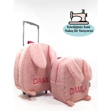 Kişiye Özel Isimli Çekçekli Çanta ve Sırt Çantası Anaokulu/kreş Seti (2'li Set) Pembe Tavşan 2-5 Yaş