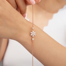 925  Ayar Rose  Kaplama  Zirkon  Taşlı   Çiçek  Gümüş  Bileklik