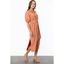 Ekol Kadın Gizli Düğmeli Midi Boy Elbise 4034 Oranj