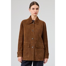 Petra Kadın Kahverengi Gömlek Yaka Oversize Süet Deri Ceket 25WGD53221B