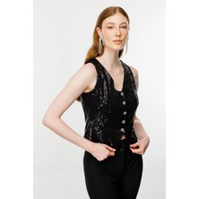 Ekol Kadın Payetli V Yaka Düğmeli Yelek 5110 Siyah