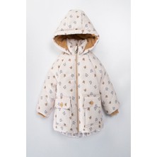 Yeni Sevimli Bear Baskılı Içi Peluş Kürklü Fermuarlı Cepli Kapüşonlu Soft Unisexs Kışlık Mont-Kaban