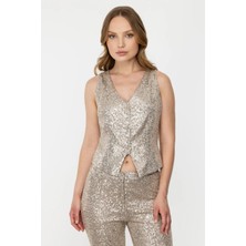 Ekol Kadın Payetli V Yaka Düğmeli Yelek 5110 Bej