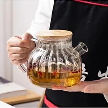 Bambu Zarafeti, Balık Sırtı,dilimli Model 1000 ml Süzgeçli Cam Demlik Bitki Çayları ,borosilikat