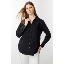 Ekol Kadın Büyük Beden Polo Yaka Gül Nakışlı Cepli Gömlek 3504 Siyah