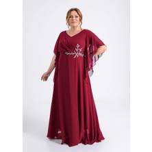 Büyük Beden Bordo Renkli Yırtmaçlı Uzun Şifon Abiye Elbise