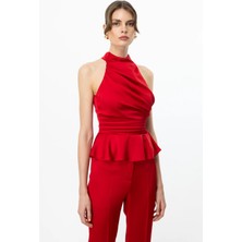 Ekol Kadın Halter Yaka Saten Bluz 3334 Kırmızı