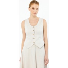 Ekol Kadın Balık Sırtı Desenli Kolsuz Yelek 6517 Bej