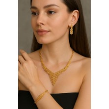 22 Ayar Altın Kaplama Çok Şık Gerdanlık Seti Kolye Küpe ve Bileklik Seti