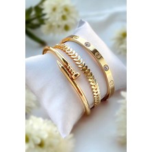 Altın Kaplama 3 Lü Kombin Bileklik Seti Gold Renk Kadın Zincir Bilezik Künye