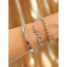 Gümüş Kaplama 3 Lü Kombin Bileklik Seti Gümüş Renk Kadın Zincir Bilezik Künye Asansör