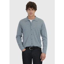 Gri Polo Yaka Düz Örgü Yün Karışımlı Hırka