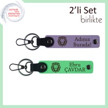 Kaplan Desenli Seçkin Erkek Hediyesi, Isme Yazılabilir Deri Anahtarlık Seti, Mor Menekşe-F Yeşil