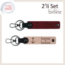Denizci Tarzını Taşıyan Anahtarlık, Kişiye Özel Çıpa Motifli 2’li Deri Set, Bordo-Yavru Ağzı