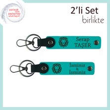 Aslan Temalı Erkek Kardeşe Kalıcı Hatıra, Kişiye Özel Deri Anahtarlık Seti, Koyu Turkuaz-K Turkuaz