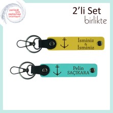 Tekne Severlere Özel Tasarım, Gemici Figürlü Kişiye Özel Deri Anahtarlık, Sarı-Turkuaz