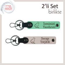 Kedi Sever Sevgiliye Özel Hediye, Tatlı Desenli, Kişisel 2’li Anahtarlık, Açık Yeşil-Pudra