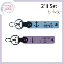 Çapa Desenli Klasik Tasarım, Denizciliğe Meraklılara Kişiye Özel Deri Anahtarlık, G Mavi-Mor Menekşe