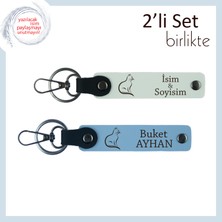 Kedi Tarzını Üzerinde Taşı, Tatlı Motifli, Kişisel Yazılı 2’li Deri Anahtarlık, Beyaz-Gök Mavi