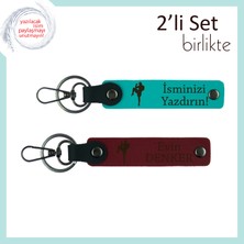 Kız Sporcuya Dövüş Temalı Deri Anahtarlık, Cesaret Vurgulu Kişisel Isimli Tasarım, K Turkuaz-Bordo