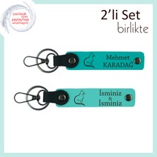 Minnoş Kalplerin Kombini, Kedi Temalı, Kişisel Yazılı Deri Anahtarlık, Koyu Turkuaz-Turkuaz