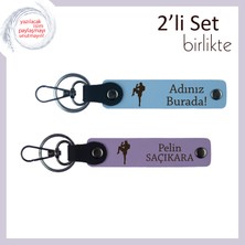 Kız Sevgiliye Dövüş Temalı Kişisel Tasarım, Yazı Eklenebilir Deri Anahtarlık Hediye, Gök Mavi-Lila