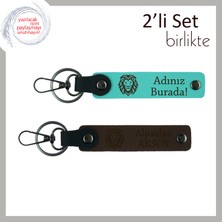 Aslan Figürlü Sevgiliye Doğum Günü Sürprizi, Kişisel Deri 2’li Anahtarlık Seti, Turkuaz-Koyu Kahve