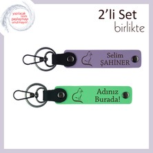 Kediye Hayran Ruhlara, Pati Temalı, Kişisel Yazılı Deri Anahtarlık, Mor Menekşe-Fıstık Yeşil