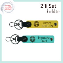 Kaplan Figürlü Tarz Sahibi Hediyelik, Isim Yazılabilir Klasik Deri Anahtarlık Set, Sarı-Turkuaz