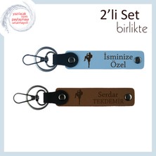 Erkek Sevgiliye Savunma Sporları Motifli Hediye, Kişisel Isim Yazılı Anahtarlık, Gök Mavi-Açık Kahve