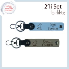 Kedisever Erkeklere Şık Hediye, Kedi Figürlü, Kişisel Yazılı Deri Anahtarlık, Gök Mavi-Kül Gri