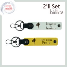 Tekvando Temalı Hatıralık, Kişisel Yazı ve Adınız Eklenebilir 2’li Deri Anahtarlık Takım, Beyaz-Sarı